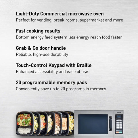 NE 1054F Grab And Go Ready Compact Light Duty Countertop Commercial Microwave Oven with food trays and features listed