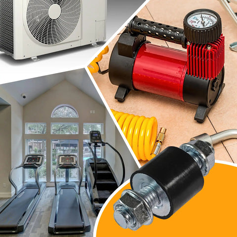 Heavy Duty M10 30X25mm Rubber Shock Isolator Mounts Anti Vibration Kit in use under air compressor and gym equipment.