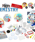 Chemistry Of The Tiny Lab Kit With Hands On Illuminated Station And 3 Clip On Magnifying Glasses For Close Up Experiments box and parts