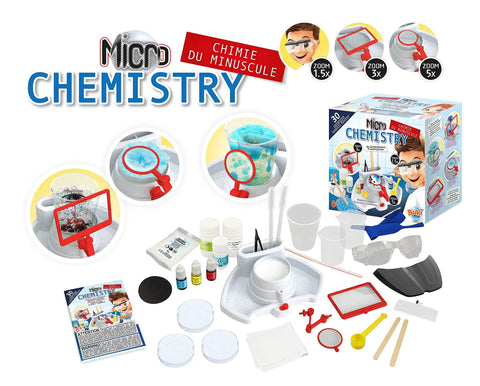 Chemistry Of The Tiny Lab Kit With Hands On Illuminated Station And 3 Clip On Magnifying Glasses For Close Up Experiments box and parts