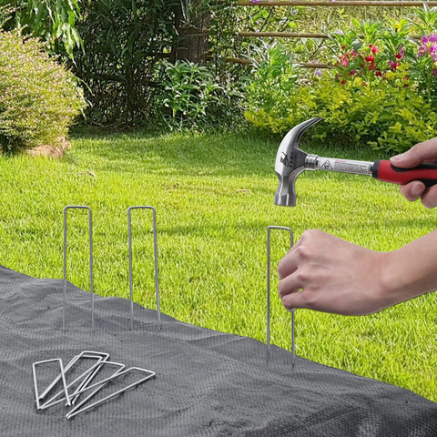 6 Inch Galvanized Landscape Staples 300 Pack U Shaped Garden Stakes Rust Proof Ground Pins For Landscaping Fabric Irrigation Tubing Fence Tent Sod Lawn Yard Outdoor Projects being hammered into grass to secure landscape fabric.