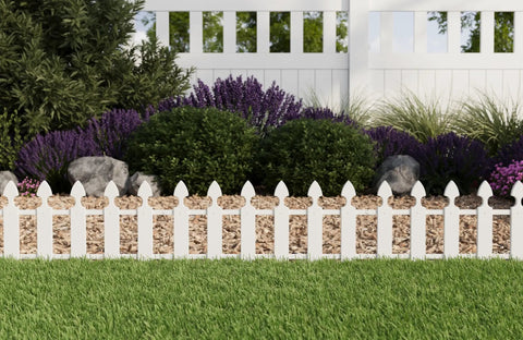 Picket Border Fence Kit 24.9 Foot White Outdoor Garden Fence For Quick Easy Install And Low Maintenance Yard Upgrade next to shrubs