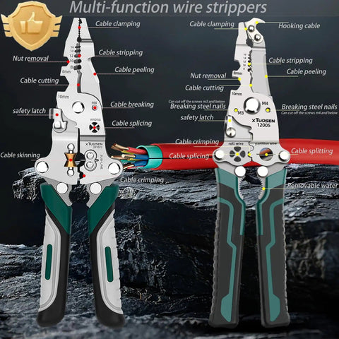 All In One Wire Stripper And Crimping Tool Set, 2 Pack Foldable Pliers For 10 24 AWG Wires with detailed usage diagram