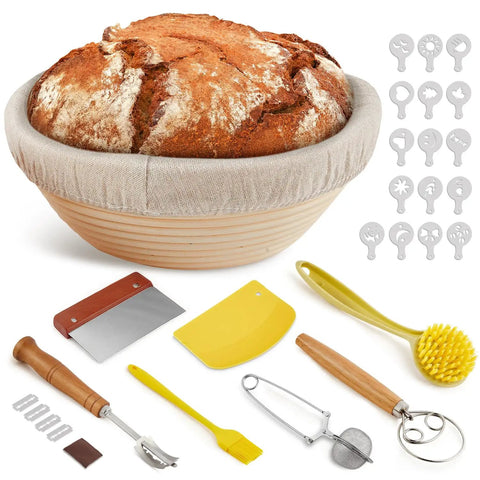 9 Inch Round Sourdough Bread Proofing Basket And Complete Starter Kit With Dough Whisk, Bread Lame, Scrapers, Brush, Flour Duster, Stencils, And Gift-Ready Tools For At Home Bread Making with sourdough loaf