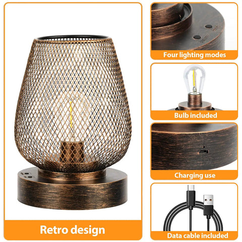Two Pack USB Rechargeable Cordless Table Lamps With Four Lighting Modes, Battery Powered Indoor Outdoor Bronze Metal Lamps