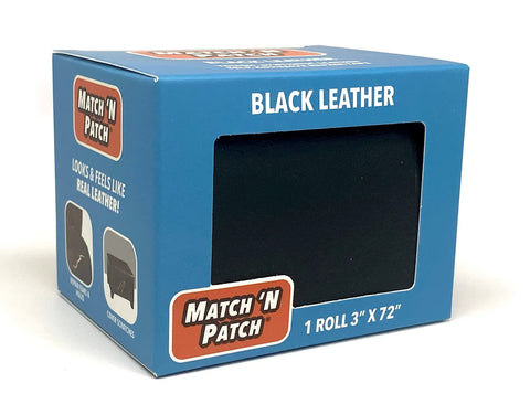 Leather Repair Tape Black 3x72 Inch Realistic Faux Leather Patches in packaging box shown in black color.