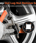 Close-up of Lug Nut Removal Kit With Six Piece Extractor Set One Half Inch Drive Locking Lug Nut Removers in use on wheel.