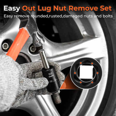 Close-up of Lug Nut Removal Kit With Six Piece Extractor Set One Half Inch Drive Locking Lug Nut Removers in use on wheel.