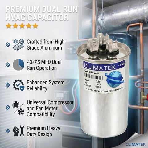 Upgraded Round HVAC Capacitor Replacement For Carrier Bryant Payne Systems Easy Install Durable High Performance Capacitor For Residential Furnaces And Air Conditioning Units Fits Most Standard HVAC Setups, 40+7.5 MFD dual run capacitor