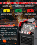 Close-up view of Plasma Cutter 55 Amp with non-touch pilot arc and large LED display, showing air pressure warning system.