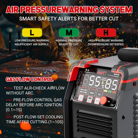 Close-up view of Plasma Cutter 55 Amp with non-touch pilot arc and large LED display, showing air pressure warning system.