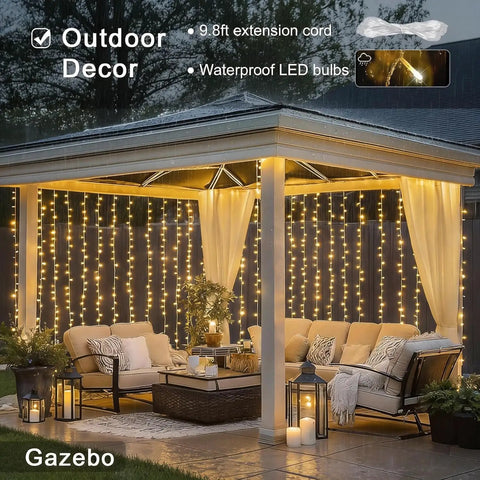 300 LED Curtain Lights With Remote Control for Indoor Outdoor Use Warm White Fairy String Lights on Patio Gazebo