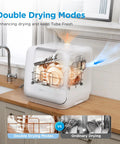 No Sweat Countertop Dishwasher Featuring A 1.59 Gal Built In Water Tank And Five Plus Two Smart Wash Cycles showing Double Drying Modes.