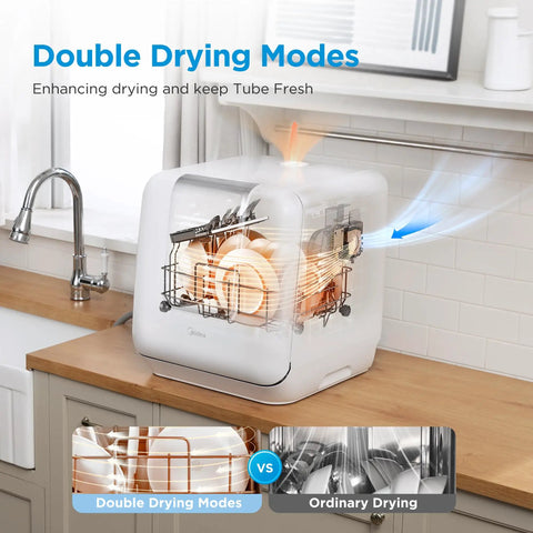 No Sweat Countertop Dishwasher Featuring A 1.59 Gal Built In Water Tank And Five Plus Two Smart Wash Cycles showing Double Drying Modes.