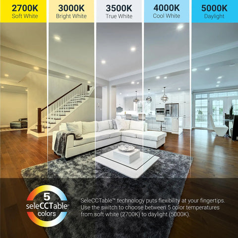 Six Inch Canless LED Recessed Ceiling Light Featuring Sleek Baffle Trim And Five Color Options Delivers A Knockout 750 Lumens Glow showing color temperatures 2700K to 5000K in a living room.