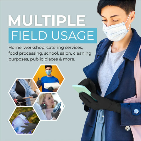 Black Nitrile Gloves Powder Free 4 Mil Medium, Durable Disposable Gloves for industrial and home use, woman using phone