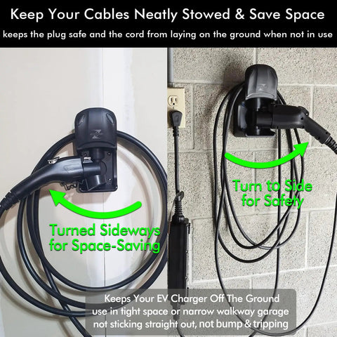 Swivel EV Charger Wall Mount For Tight Spaces Ditch The Cable Mess Keeps 25Ft J1772 Cord Off The Floor Does Not Protrude Trip Hazard Free Garage Organizer Hanger That Keeps Cables Out Of The Way mounted on wall with cable coiled neatly.