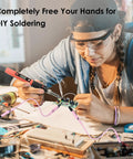 Person using 2 Pack Soldering Helping Hands Clamps With Flexible Gooseneck Arms And Dual Alligator Clips for electronics soldering.