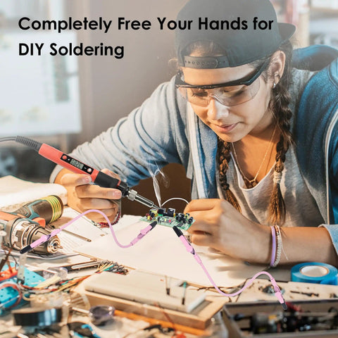 Person using 2 Pack Soldering Helping Hands Clamps With Flexible Gooseneck Arms And Dual Alligator Clips for electronics soldering.
