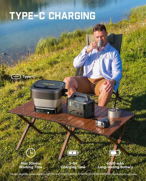Person using foldable cordless pressure washer for quick light cleaning with Type-C charging on a camping trip by a lake.