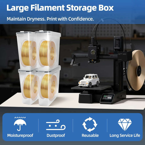 Four Pack Filament Storage Box Set With Desiccants Reusable Label Sheets And 4.0L Airtight Containers beside 3D printer