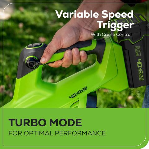 Hand gripping the trigger of a 40V Brushless Axial Leaf Blower, 130 MPH Wind and 550 CFM Air, showing cruise control feature.