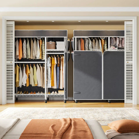Straight Up Heavy Duty Rolling Clothes Rack With Removable Dust Cover Portable Closet Featuring Four Hanging Zones Adjustable Shelf And Smooth Gliding Wheels For Zero Hassle Storage