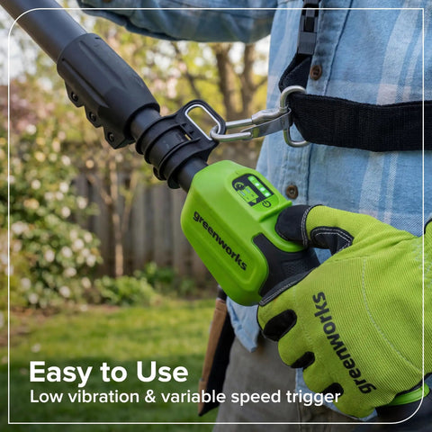 Heavy Duty 24V Brushless Cordless Pole Saw With Eight Inch Guide Bar Cracks Through Thick Limbs And Garden Overhaul Makes Pruning A Total Cinch Includes Rugged Carry Bag For Backyard Titans with greenworks handle and trigger grip.