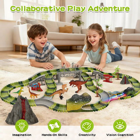 Two kids playing with Ultimate Dinosaur World Race Track Set With 203 Flexible Tracks And LED Light Up Dino Car Create Epic Dino Adventures