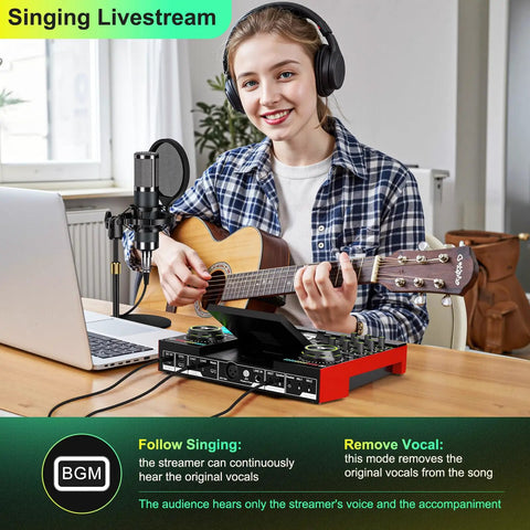 Person using G10 All In One Podcast Studio Bundle with Plug And Play Integrated Mixer and P15 Microphone for live streaming guitar session.