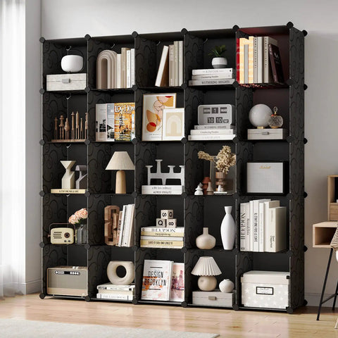 Portable 25-Cube Storage Organizer With 14x14 Inch Cubes, Heavy-Duty Metal Panel Shelving, Sturdy Clothes Organizer And Cube Shelf, Easy To Assemble, Black