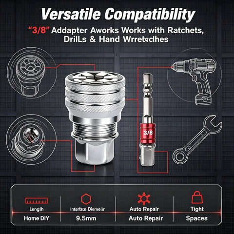 Image of an Adjustable Multi Function Socket Wrench With Auto Grip Ratchet, 3/8 adapter for drills and hand ratchets.