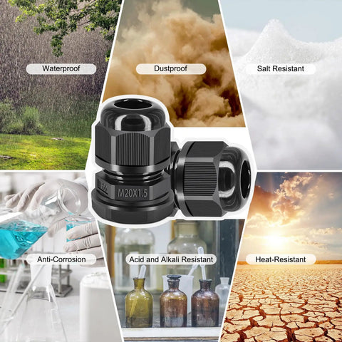 50 Pack Waterproof Cable Glands M20x1.5 Adjustable 6 To 12mm Black Cable Connectors IP66 Nylon Compression Gland Kit Features