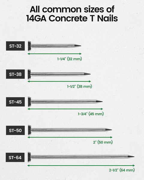 14 Gauge Concrete T Nails 1 1/2 Inch 800 PCS Total For Electric And Pneumatic Nailers, 2 Boxes Of 400 Nails, Smooth Feeding, Less Bending For Poured Basement Walls And Concrete For Pros And DIYers, ST-32 ST-38 ST-45 ST-50 ST-64 sizes