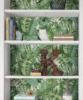 Bookshelf with Maui Peel And Stick Wallpaper With Green Tropical Leaf Pattern Removable Contact Paper For Walls No Mess Repositionable DIY Wall Covering For Bedroom And Living Room Accent Walls