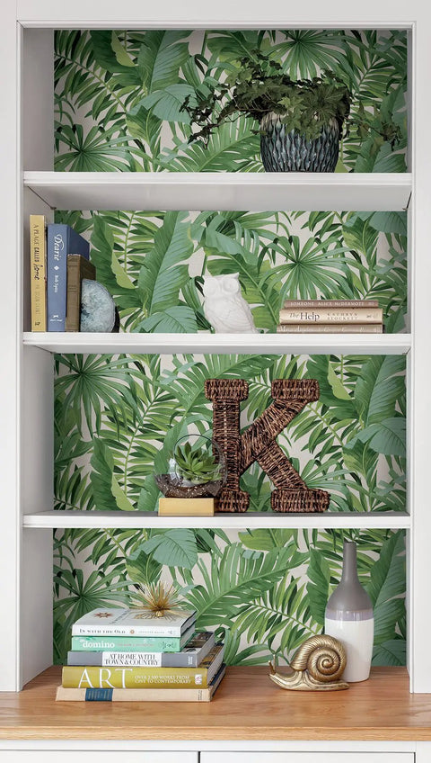 Bookshelf with Maui Peel And Stick Wallpaper With Green Tropical Leaf Pattern Removable Contact Paper For Walls No Mess Repositionable DIY Wall Covering For Bedroom And Living Room Accent Walls