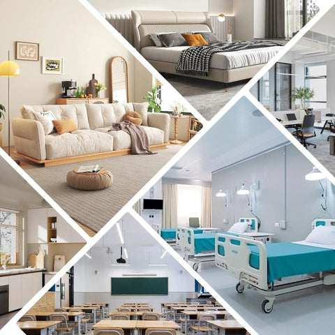 Collage of various rooms in homes and offices, showcasing different interior designs with furniture and decor elements.