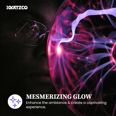 Close-up of a 7 Inch Plasma Ball Lamp Touch and Sound Sensitive Electric Globe with Lightning Effects and a person observing the glow