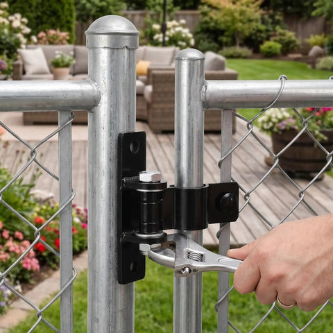 Built Like A Tank Heavy Duty Gate Hinges With Secure Removable Bolt System shown on a garden gate with hand using wrench.