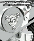 Close-up view of Pro Grade Drill Nibbler Attachment For Sheet Metal Cutting with coated blade and universal adapter.