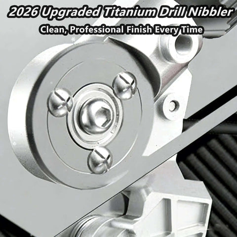 Close-up view of Pro Grade Drill Nibbler Attachment For Sheet Metal Cutting with coated blade and universal adapter.