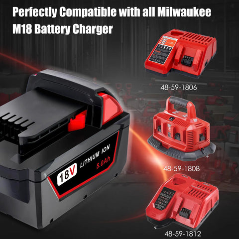 Heavy Duty 5000MAh Replacement Battery For Milwaukee M18 18V Cordless Power Tools Two Pack with chargers visible.