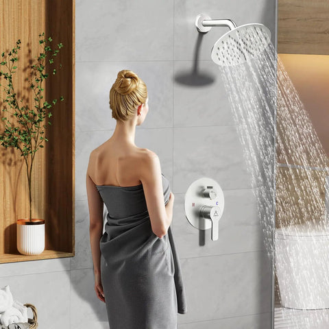 8 Inch Brushed Nickel Shower Faucet Trim Kit With Air Blended Pressure Rain Head And Handheld Sprayer Solid Brass Rough In Valve Dual Function Bathroom System No Fuss Setup Big Time Flow