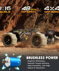 Brushless Monster RC Truck 1/16 Scale 4x4 All Terrain Off Road Racer with Spare Paddle Tires running on sandy terrain