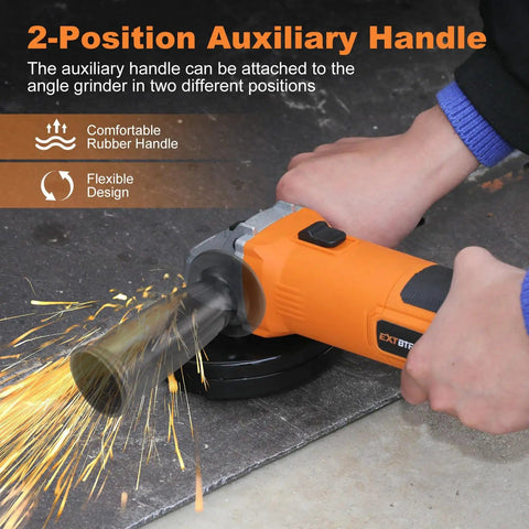 Powerful 6 Amp Angle Grinder Kit 4-1/2 Inch 11,000 RPM Metal Cutter with quick-change guard in use, sparks visible