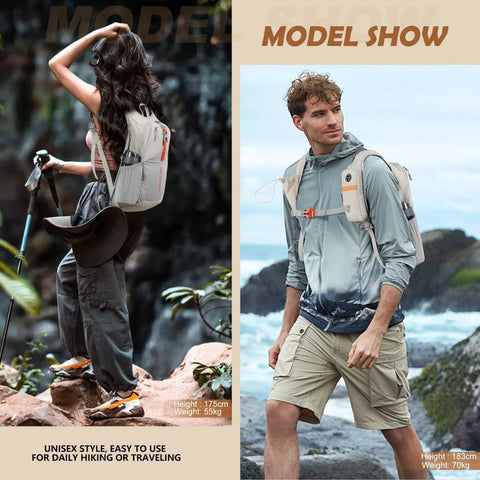 Ultralight 15L Daypack For Travel And Outdoors on hikers, foldable backpack with phone pocket and side drawstring pouch, beige color.
