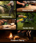 Multiple uses of 20V Cordless Chainsaw With 10 Inch Bar, 4.0Ah Battery And Charger for tree pruning, carpentry, and firewood cutting.