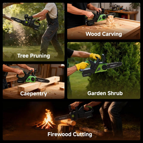 Multiple uses of 20V Cordless Chainsaw With 10 Inch Bar, 4.0Ah Battery And Charger for tree pruning, carpentry, and firewood cutting.