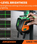 360 Degree Self Leveling Laser Level With Tripod And Magnetic Base, Green Laser Three Line Modes, showing brightness settings