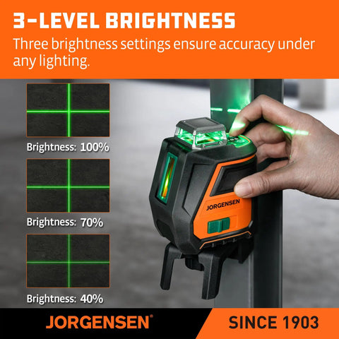 360 Degree Self Leveling Laser Level With Tripod And Magnetic Base, Green Laser Three Line Modes, showing brightness settings